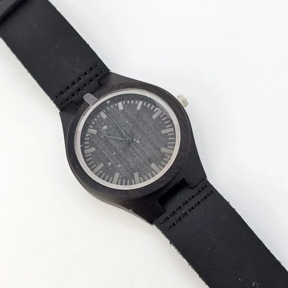 Wood Unisex Watch 45MM Black Case Black Dial‎ Black Leather Bands New Battery